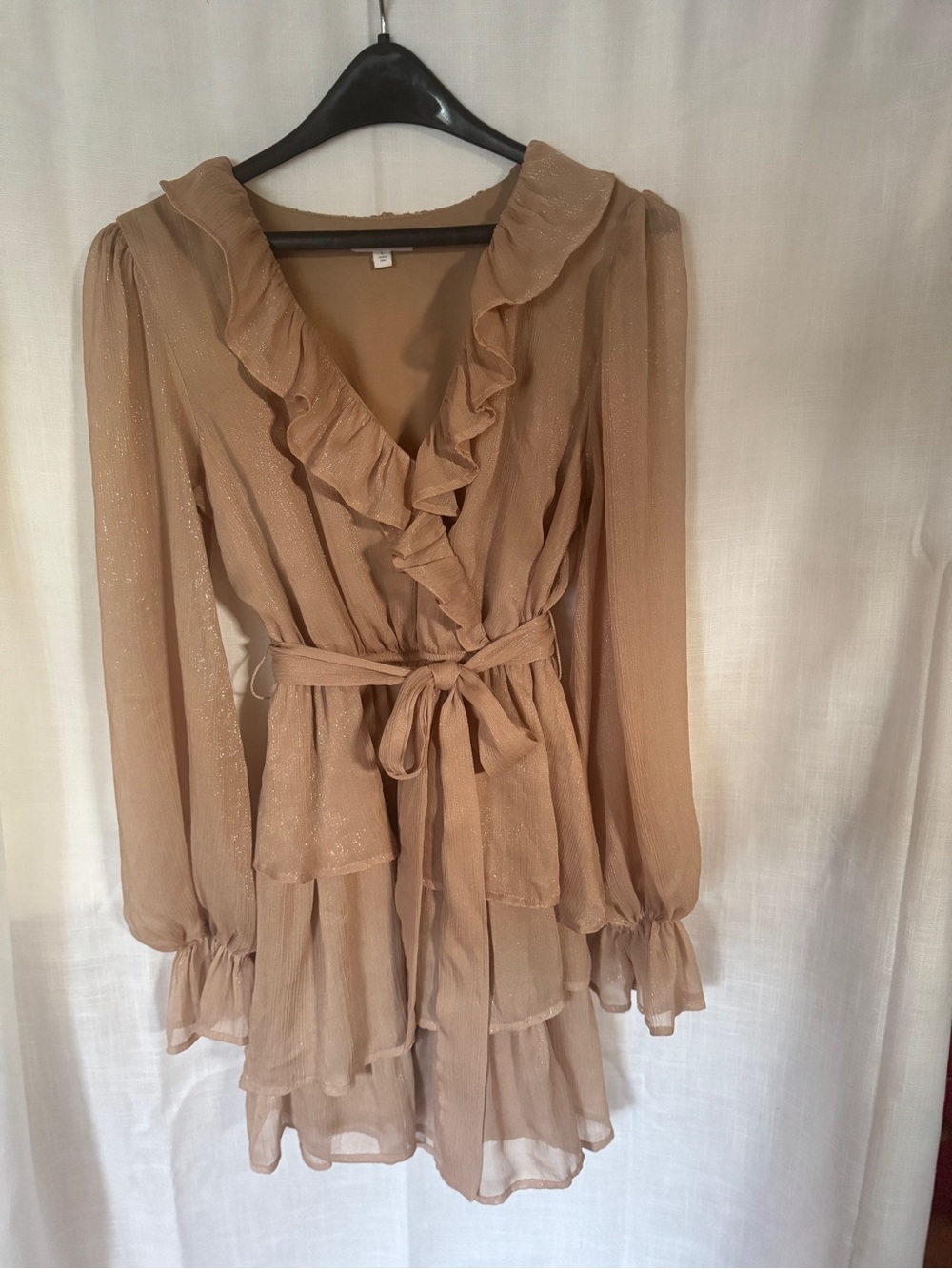 Ruffled V-Neck Long Sleeve Tiered Dress in soft gold - Picture 1 of 5